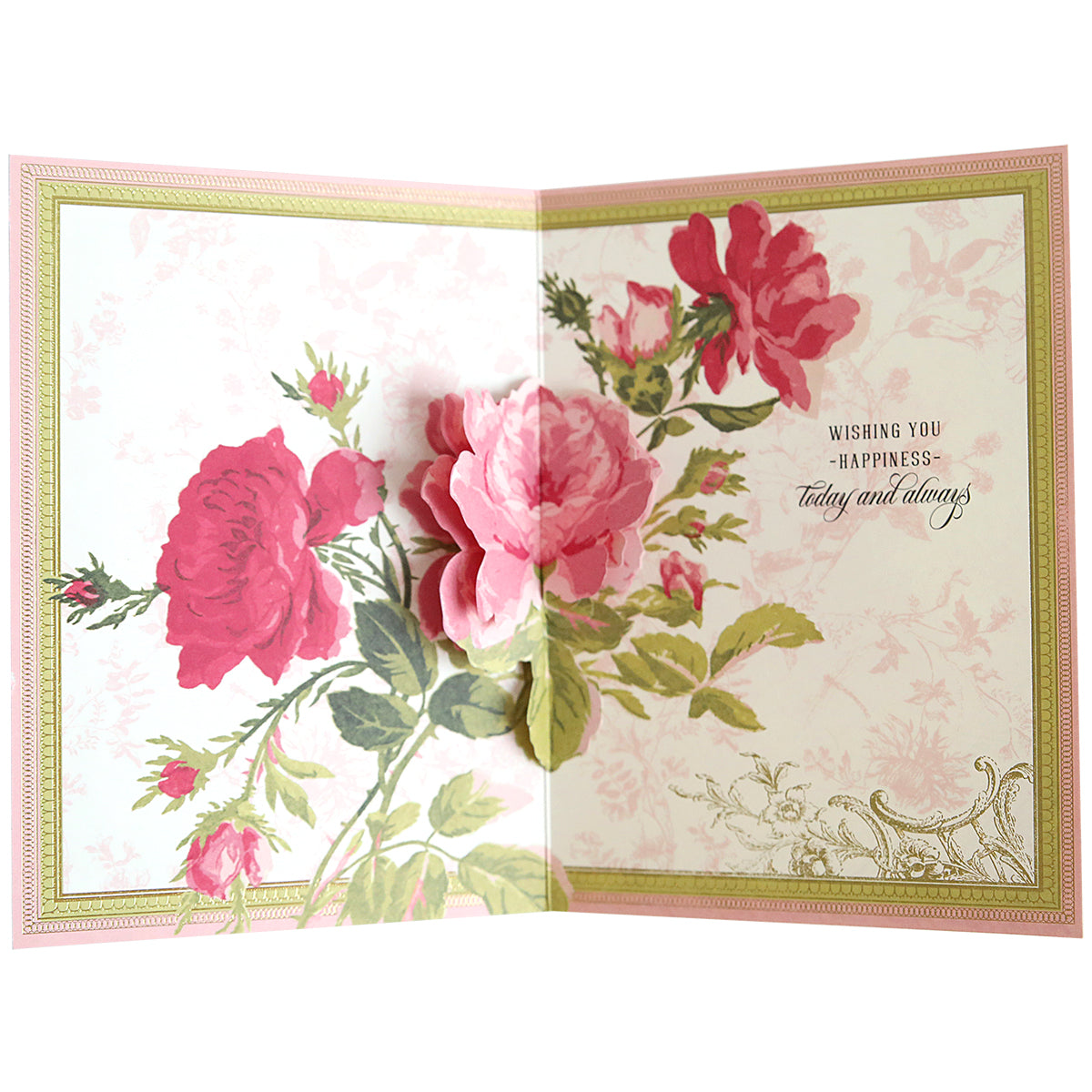 Greeting card open to a page with pink and red roses, ornamental designs, and the words "wishing you happiness today and always" in a script font from the Folded Flower Birthday Card Kit.
