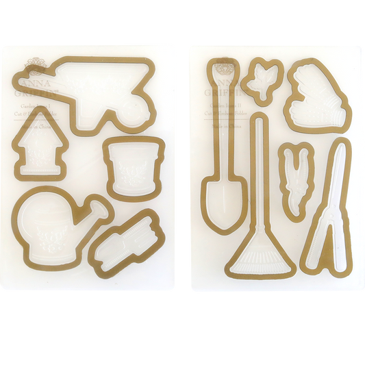 A set of Garden Icons Cut and Emboss Folders with embellishments displayed on a white background.