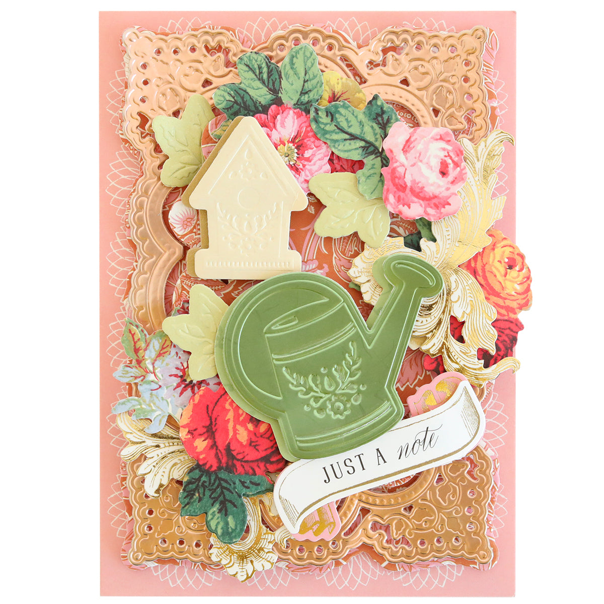 Handmade greeting card with floral designs, a watering can, and a house, featuring the phrase "just a note" and gardening embellishments using the Garden Icons Cut and Emboss Folders.