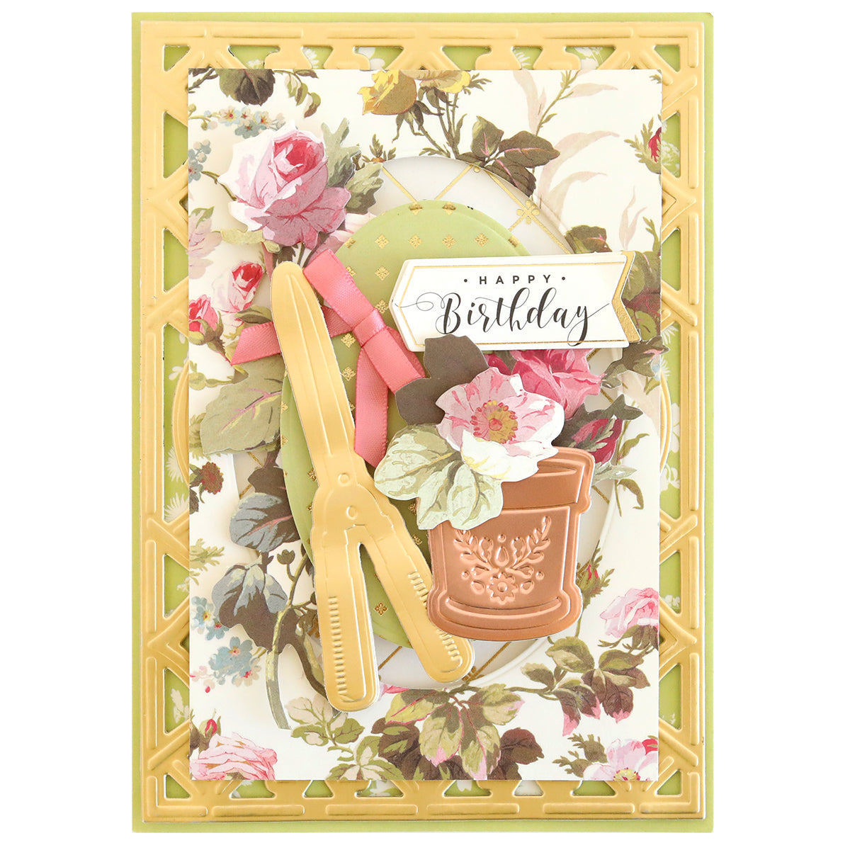 A floral-themed birthday card with a 3D effect, featuring a gardening glove and tool element along with a "happy birthday" banner, adorned with Garden Icons Cut and Emboss Folders embellishments.