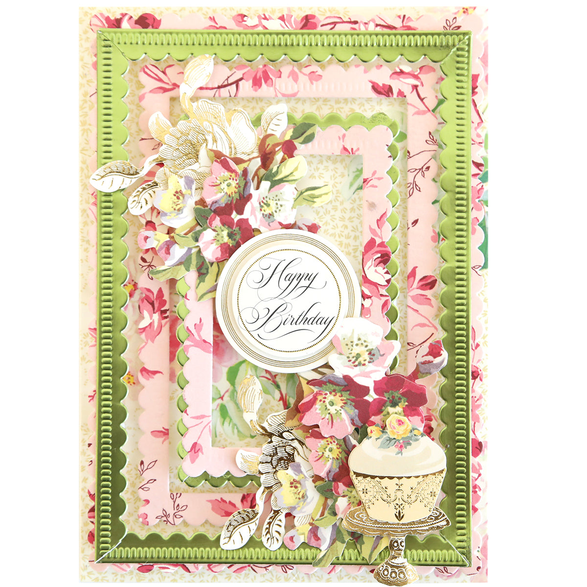 A birthday card featuring flowers and a frame created with the Anna Griffin Empress Machine and Scallop Compendium Dies.