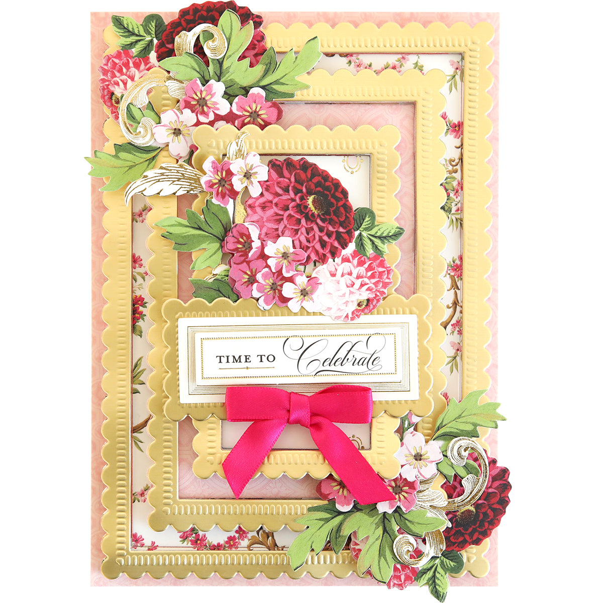 A pink and gold card with flowers and a bow, created using the Scallop Compendium dies.