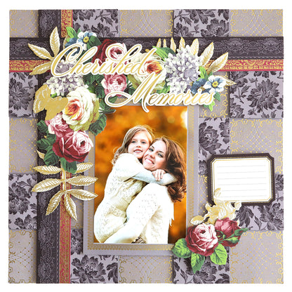 A scrapbook page created with the Simply Astrid Scrapbooking Kit titled "Cherished Memories" features a framed photograph of a woman and a child, surrounded by floral decorations and set against a patterned background. An empty label is positioned on the right side.