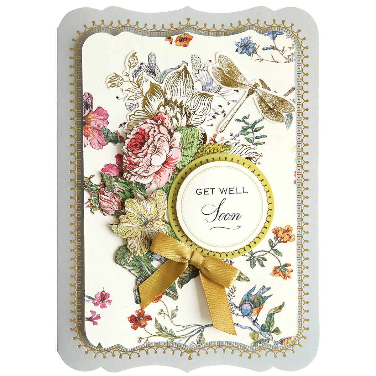 A "get well soon" handmade card adorned with floral and butterfly illustrations from the Simply Wildflower Meadow Card Making Kit, featuring a yellow ribbon.