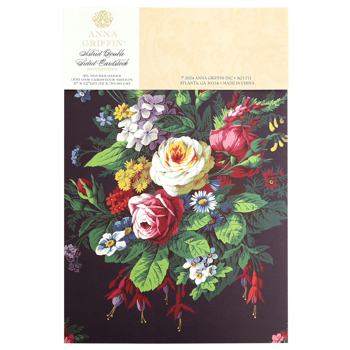 A colorful floral pattern on the double-sided cardstock packaging of an Astrid 8x12 Doublesided 300gsm Cardstock.