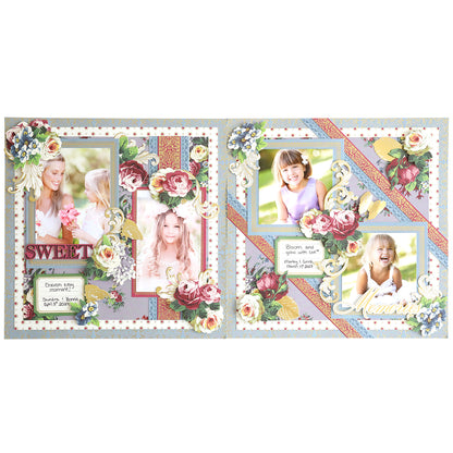 Using the Simply Astrid Scrapbooking Kit, create a beautiful layout featuring photographs of children surrounded by floral and decorative elements, with text labels that read "Sweet" and "Memories.