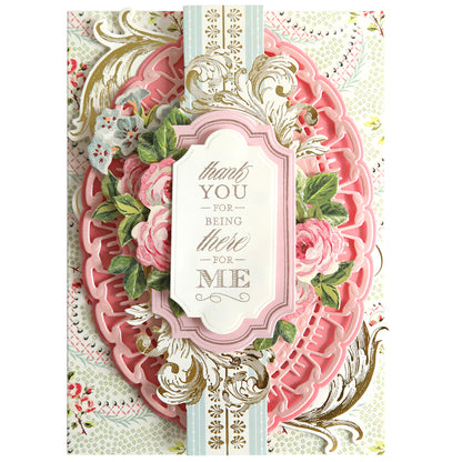 An ornate thank-you card featuring elaborate gold designs, floral patterns, and a central pink motif with Fantastic Sentiment Stamps and Dies and the text "thank you for being there for me.