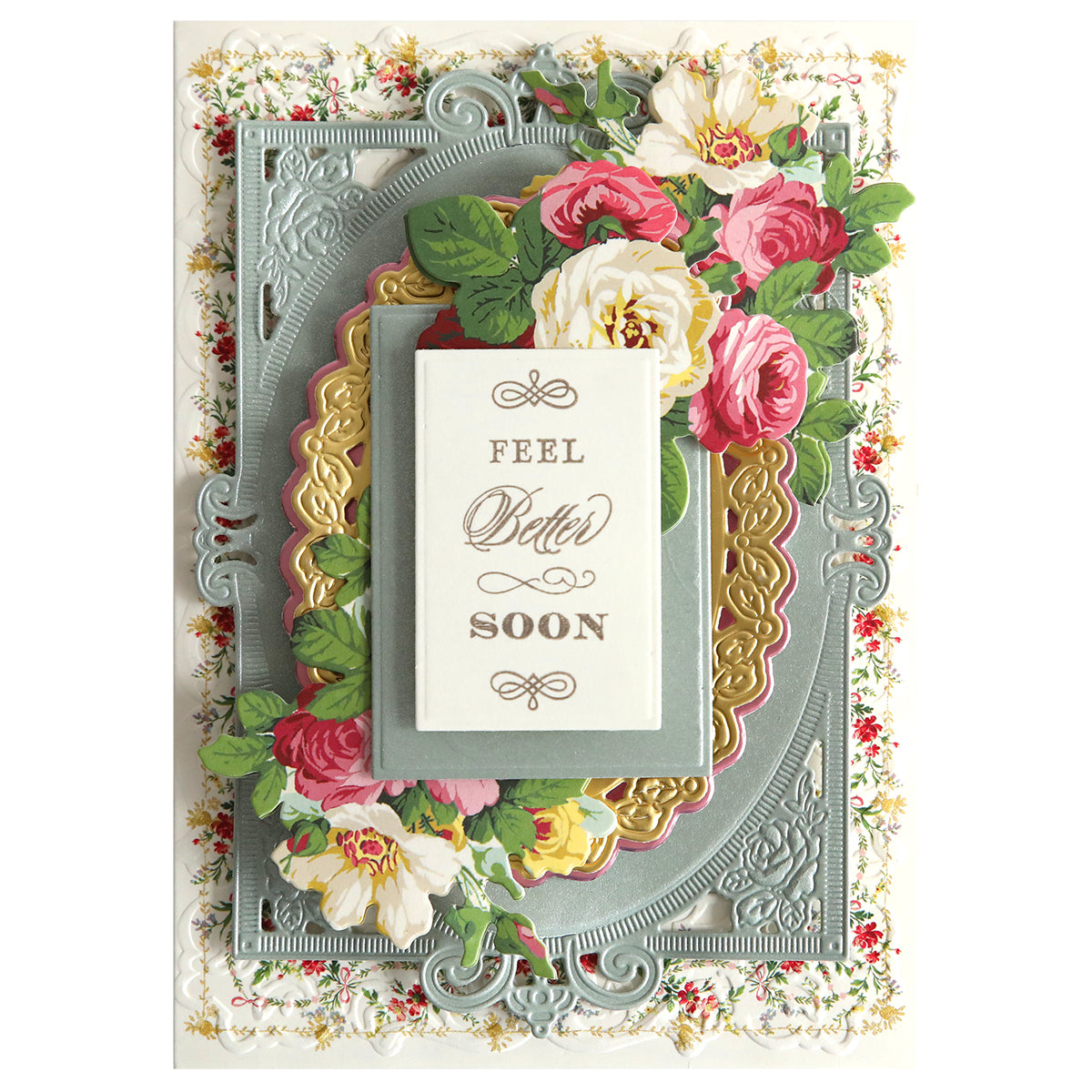A decorative "feel better soon" greeting card embellished with colorful floral patterns and ornate golden borders on an embossed, textured background, featuring Fantastic Sentiment Stamps and Dies to create your own sentiments.