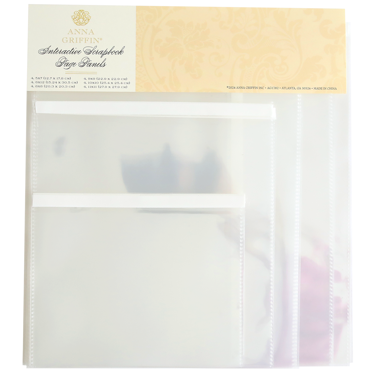 Packaging of Interactive Scrapbook Page Panels, featuring clear plastic sleeves and decorative, floral-themed labeling.