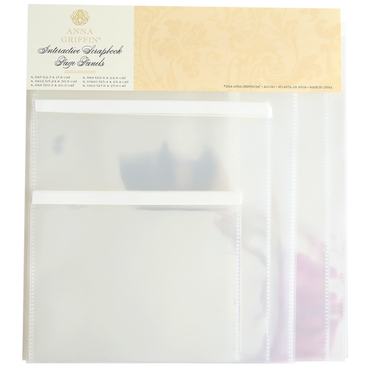 Packaging of Interactive Scrapbook Page Panels, featuring clear plastic sleeves and decorative, floral-themed labeling.