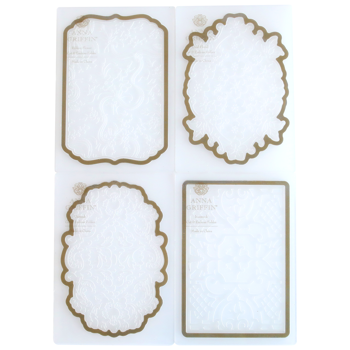 Four ornate die-cut paper frames in different shapes, with decorative embossed patterns from Card Layer Cut & Emboss Folders and brown borders, displayed on a white background.