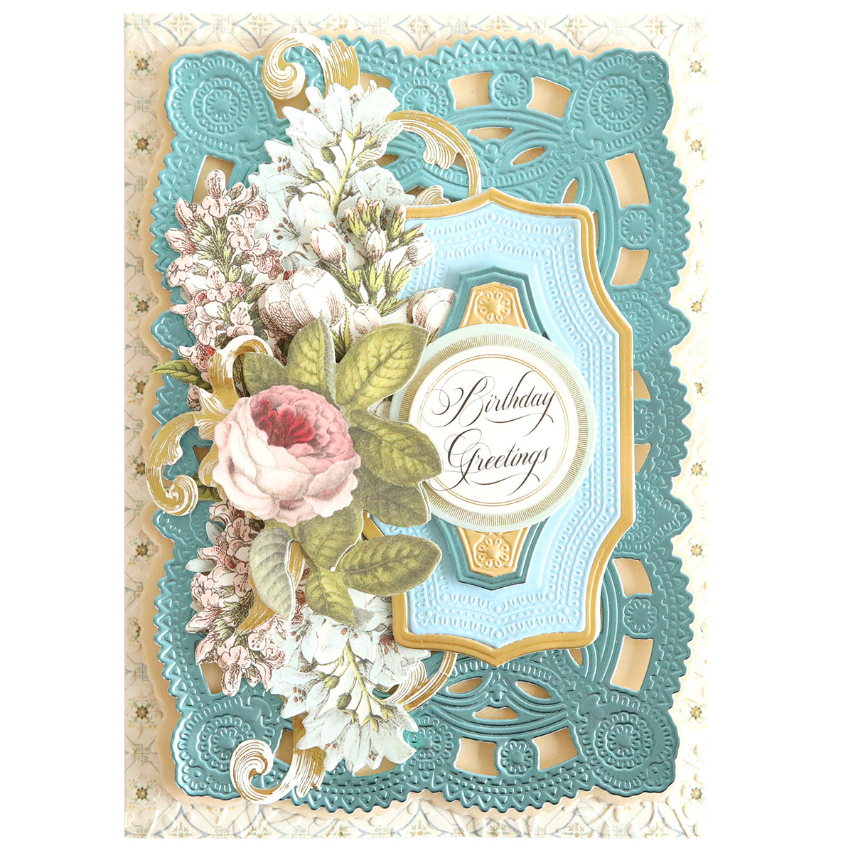 A handmade birthday greeting card featuring floral designs, an ornate blue and gold frame, and a central circular section created with Birthday Greetings 3D Concentric Dies that says "Birthday Greetings.