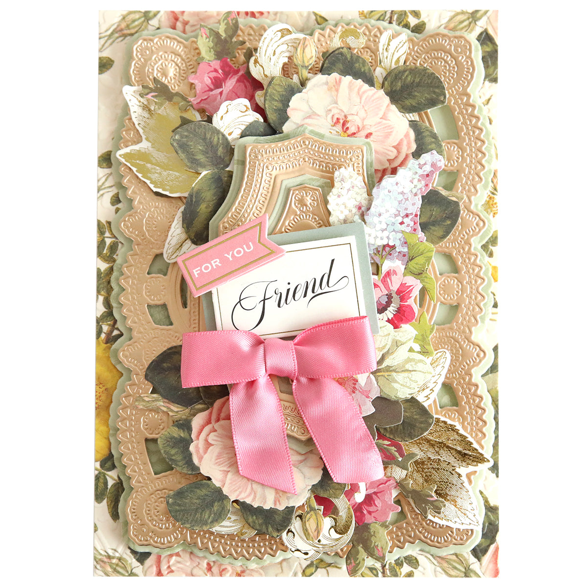 Ornate handmade card with "For You Friend" text, pink ribbon, and floral decorations in pink, white, and green. Enhanced with Birthday Greetings 3D Concentric Dies for an elegant touch and perfect for birthday greetings.