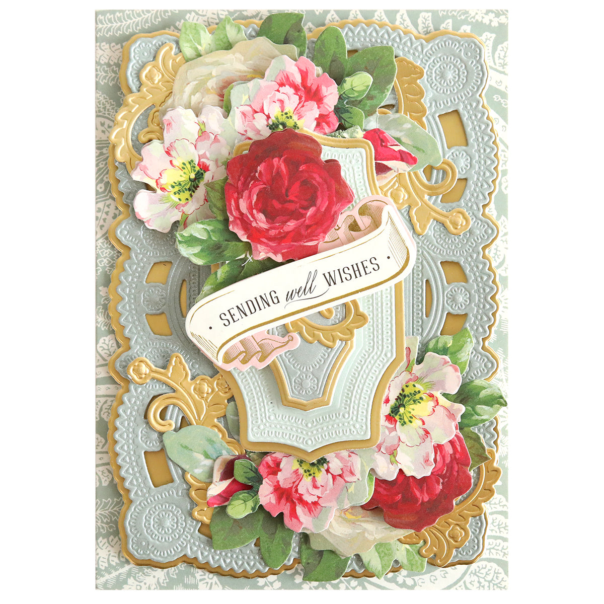 A handmade card, adorned with intricate floral designs and embossed patterns, featuring Birthday Greetings 3D Concentric Dies for added depth. The label reads "Sending well wishes," making it perfect for birthday greetings.