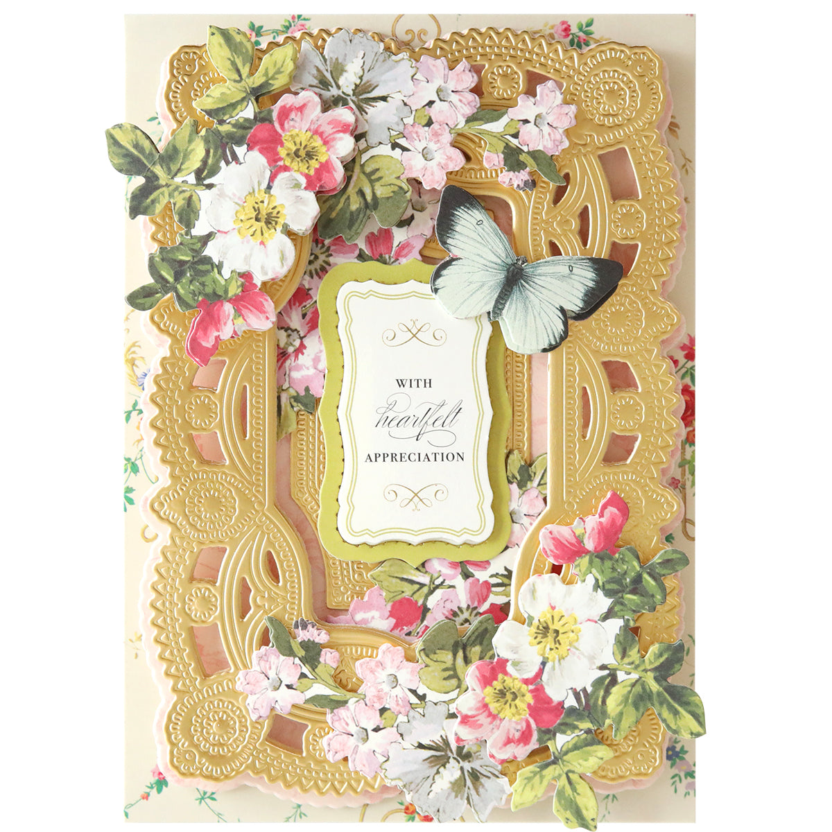 An ornate handmade Birthday Greetings 3D Concentric Dies with a "With Grateful Appreciation" message, decorated with flowers and a butterfly in pastel colors and intricate golden lace patterns.