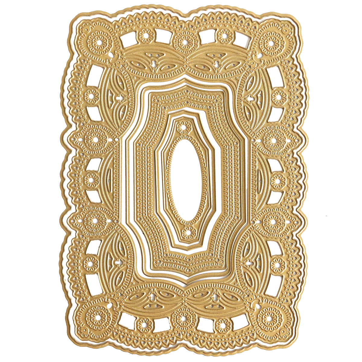 A rectangular, intricately designed gold doily with an ornate, symmetrical pattern and a central oval cutout, perfect for adding elegance to a handmade card or enhancing Birthday Greetings 3D Concentric Dies.