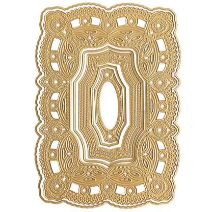 A rectangular, intricately designed gold doily with an ornate, symmetrical pattern and a central oval cutout, perfect for adding elegance to a handmade card or enhancing Birthday Greetings 3D Concentric Dies.