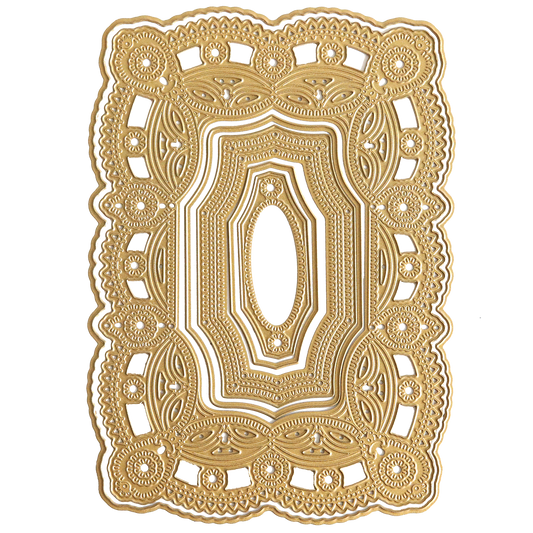 A rectangular, intricately designed gold doily with an ornate, symmetrical pattern and a central oval cutout, perfect for adding elegance to a handmade card or enhancing Birthday Greetings 3D Concentric Dies.