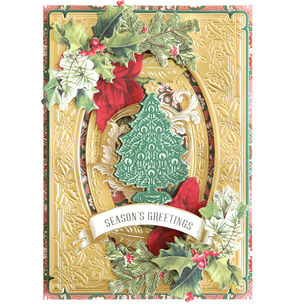 A handmade Christmas card featuring a festive design with holly, poinsettias, and an embossed green Christmas tree. A banner at the bottom reads "Season's Greetings." This design is achieved using the Christmas Greetings 3D Concentric Dies.