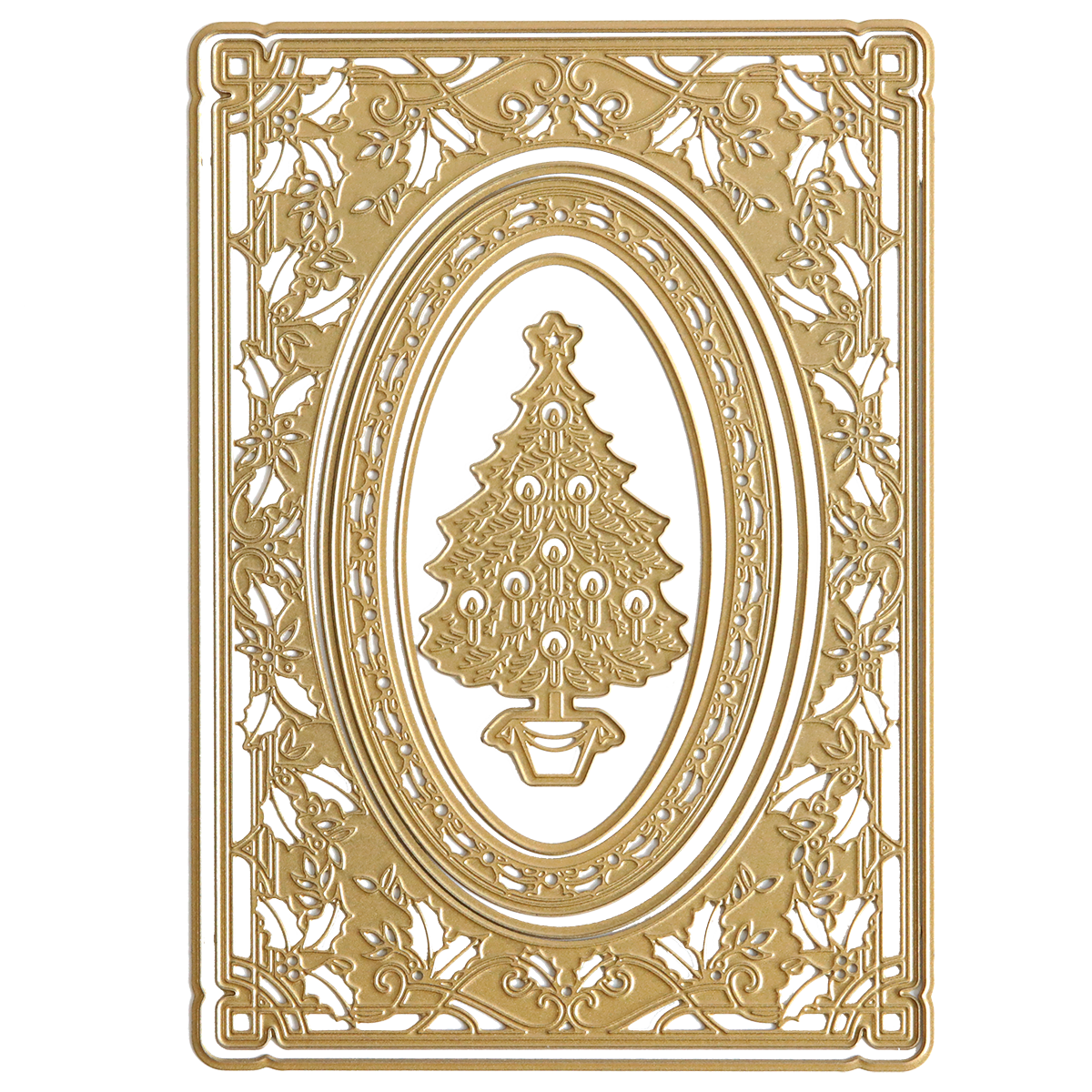 A golden decorative frame with intricate designs and an oval cutout in the center, featuring a Christmas tree symbol, perfect as a handmade Christmas card or for enhancing birthday cards with festive flair using the Christmas Greetings 3D Concentric Dies.