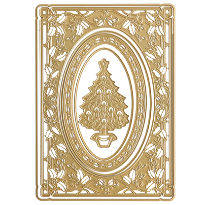 A golden decorative frame with intricate designs and an oval cutout in the center, featuring a Christmas tree symbol, perfect as a handmade Christmas card or for enhancing birthday cards with festive flair using the Christmas Greetings 3D Concentric Dies.