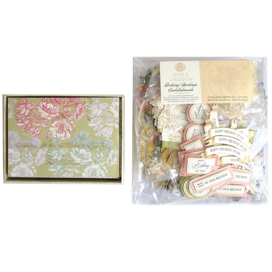 The Birthday Greetings Card Making Bundle features floral stationery, collage card toppers, and assorted embellishments with birthday and holiday greetings, all displayed side by side on a white background.