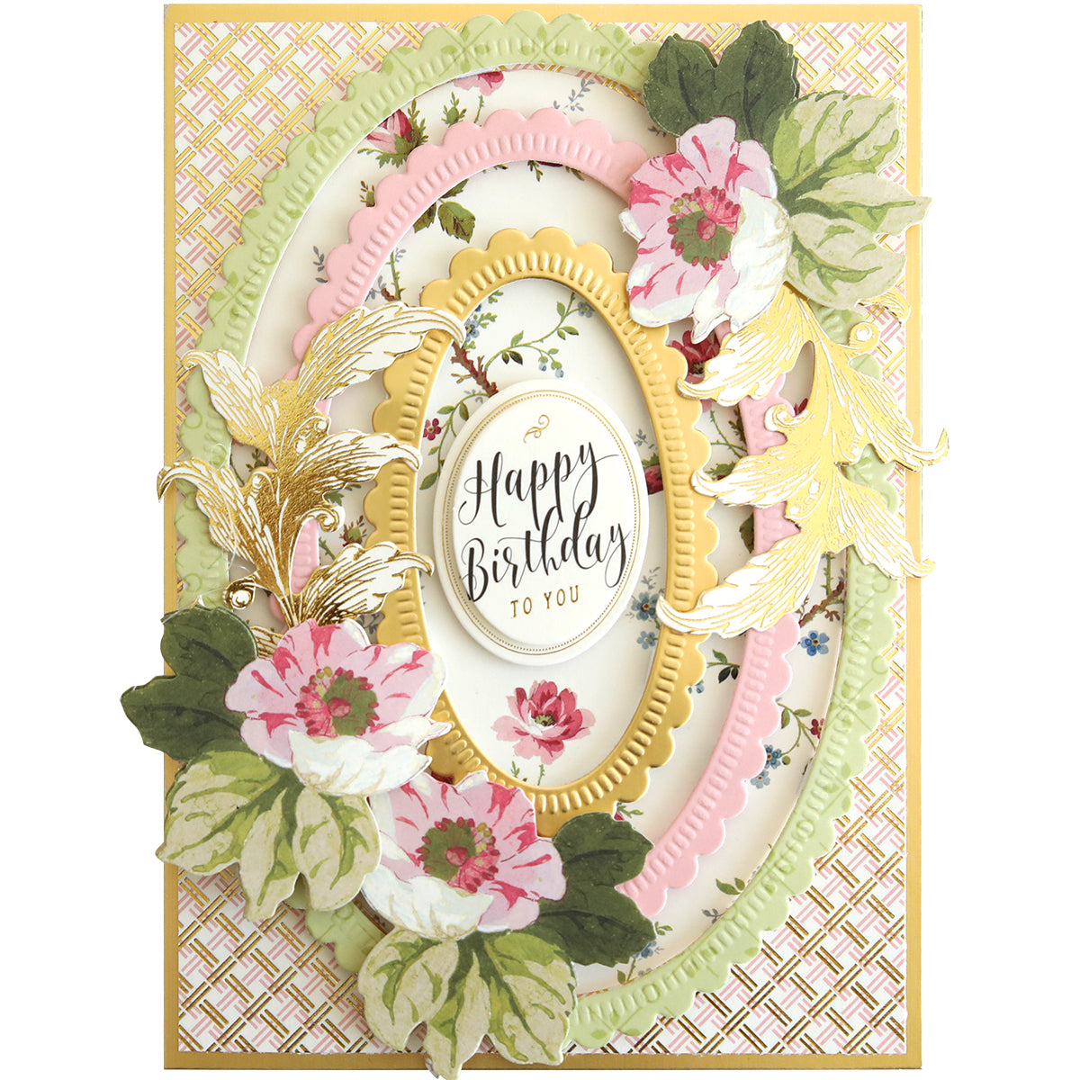 A decorative anniversary floral sticker with floral designs and an ornate frame surrounding the text "Happy Birthday to You" in the center. The sticker features a gold, pink, and green color scheme.