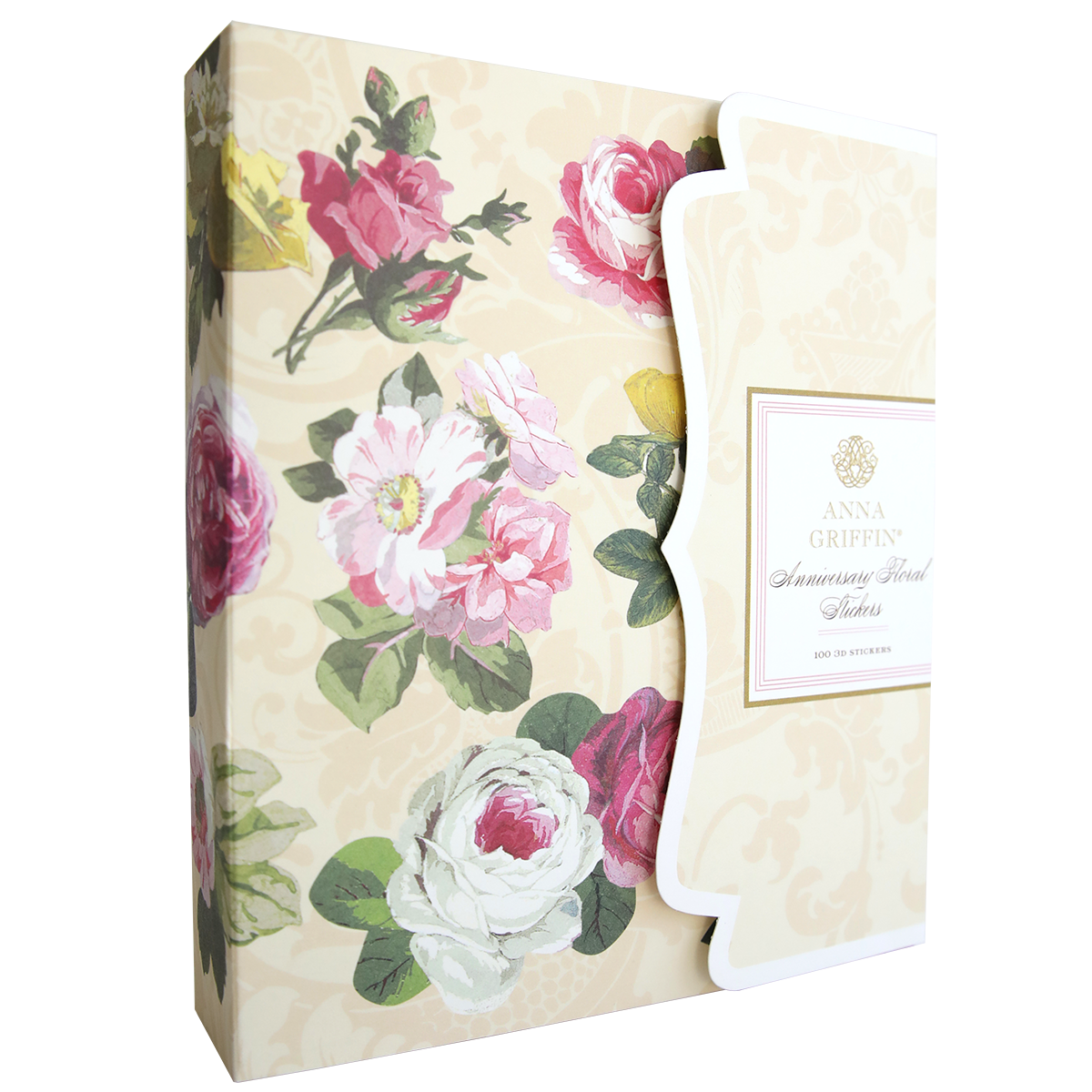 A decorative box with floral designs on a beige background. The box has a label that reads "Anna Griffin" and "Anniversary Floral Stickers.