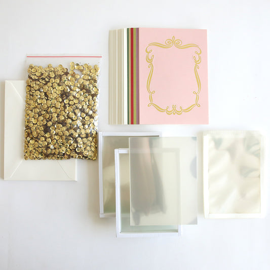 The Shaker Card Supply Kit offers a complete assortment, including gold sequins, envelopes, various design cards, and transparent plastic sleeves—ideal for creating DIY shaker cards and fulfilling all your crafting supply needs.