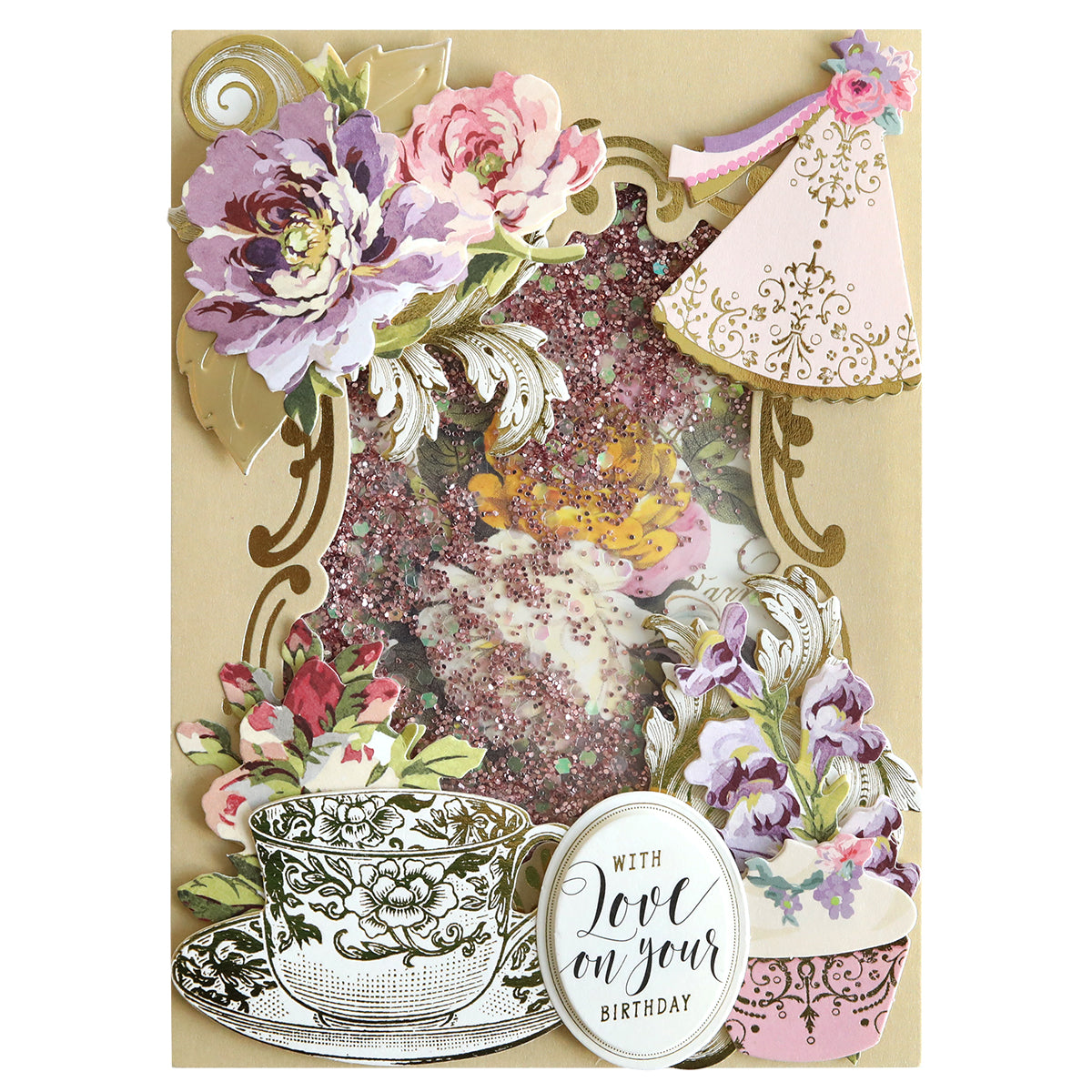 Celebrate a birthday with the Shaker Card Supply Kit, featuring a decorative card adorned with floral designs, a teacup, a dress, and the heartfelt message "With Love on your Birthday"—ideal for crafting enthusiasts and DIY shaker card creators.