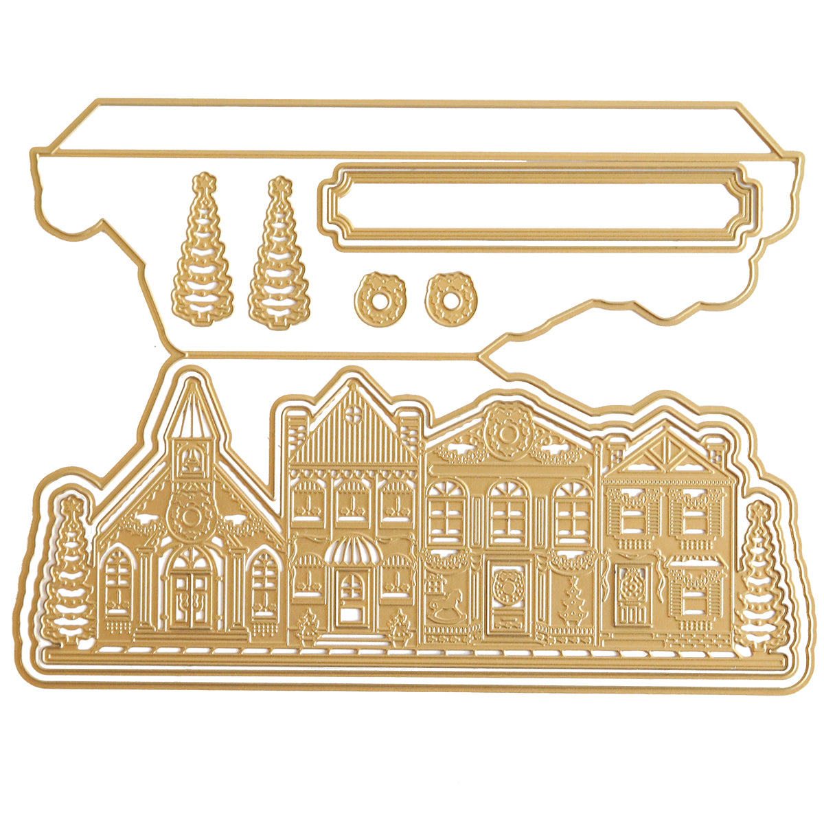 Gold metal cutting dies featuring a detailed Christmas village scene, trees, and circular ornaments, perfect for crafting and scrapbooking an enchanting Home for the Holidays. Village Easel Dies.