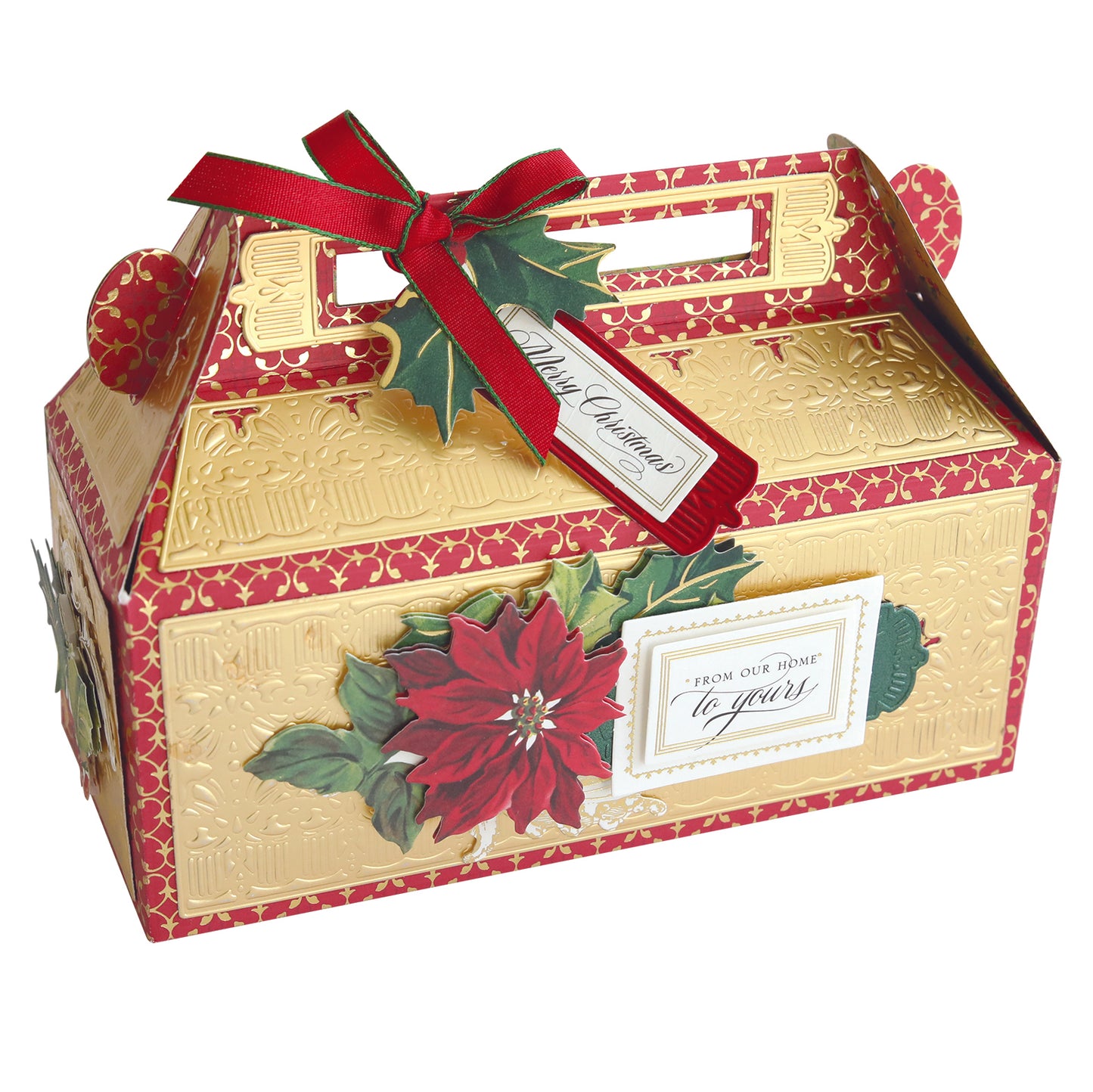 A decorative gold and red box with a poinsettia design, featuring a ribbon, gift tag reading "Merry Christmas," and a handle for carrying.