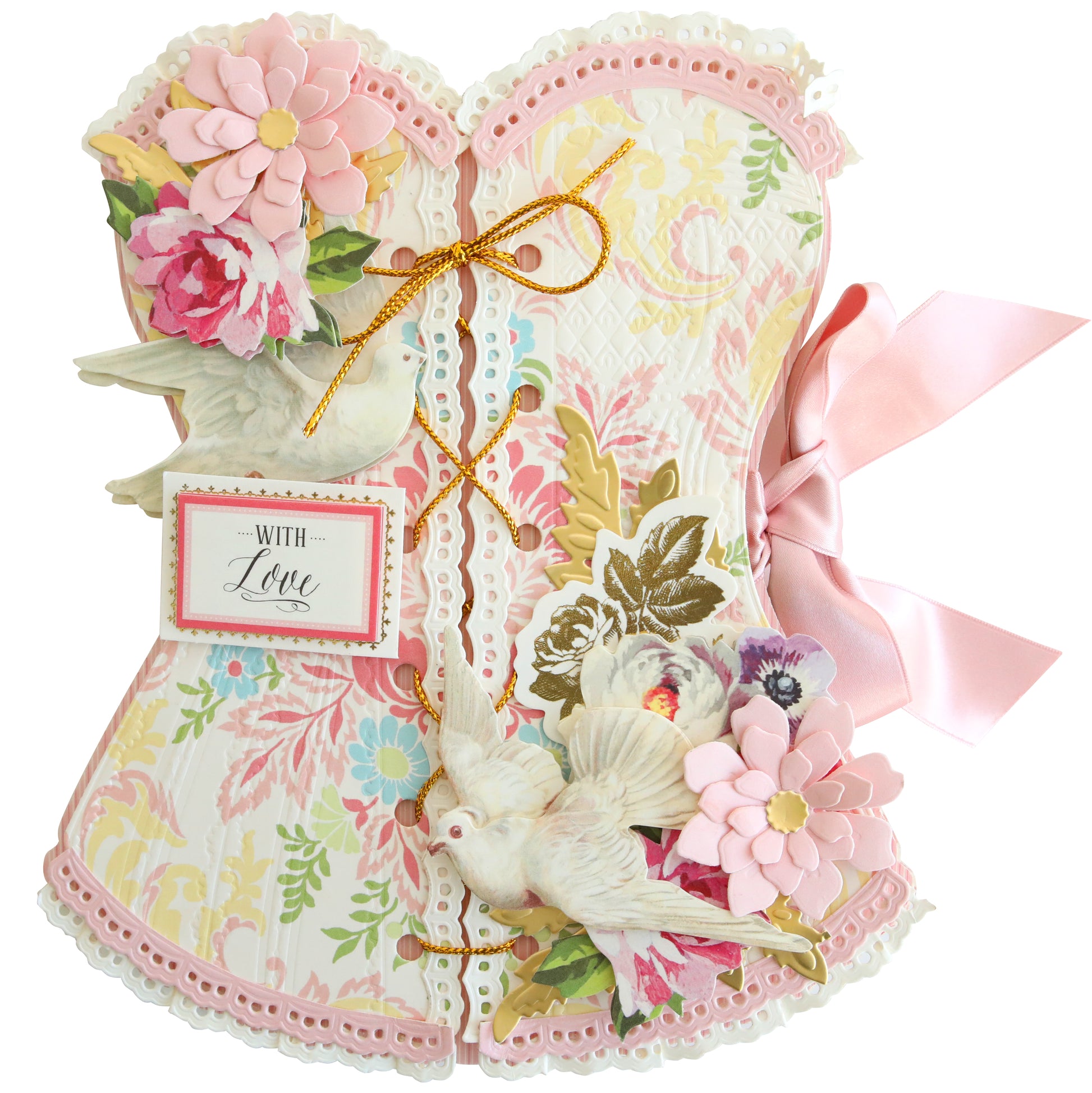 A decorative card in the shape of a floral corset, adorned with pink flowers, doves, and a ribbon, with a "With Love" label.