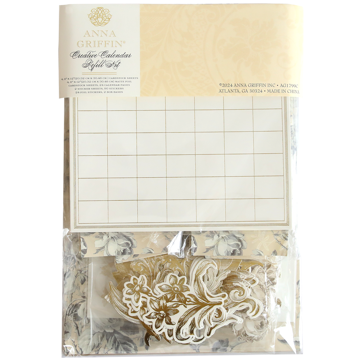 Creative Calendars Refill Kit featuring floral designs and gold accents, by Anna Griffin. This set includes grid sheets and decorative elements.