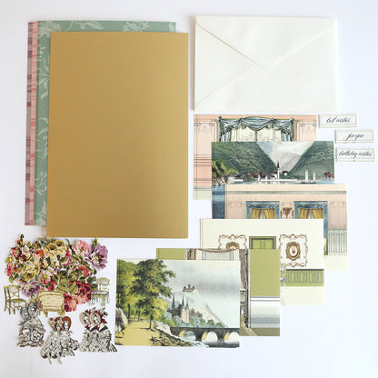 Introducing the Theatrical Greetings Refill Kit: a curated selection of stationery essentials featuring envelopes, gold and patterned papers, illustrated cards with landscape and interior motifs, as well as floral and ornate cutouts set against a white background.