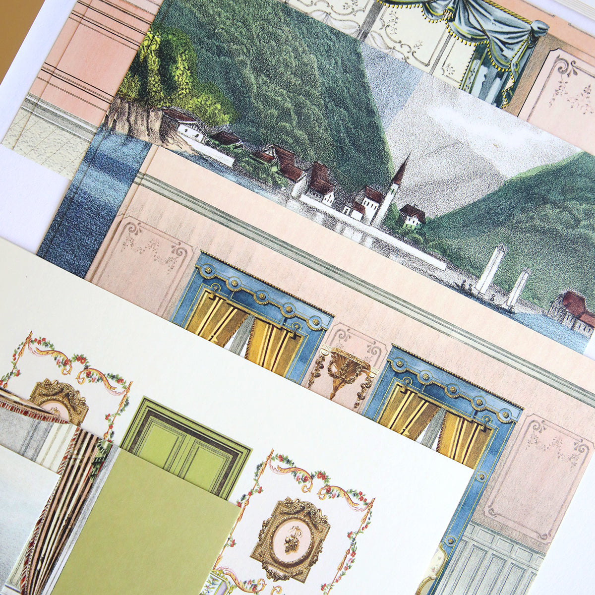 The Theatrical Greetings Refill Kit offers a collection of vintage architectural drawings and landscape illustrations, showcasing intricate details and a variety of color palettes.