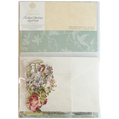 The Theatrical Greetings Refill Kit includes a stationery set featuring floral designs, envelopes, and decorative embellishments in a clear package.