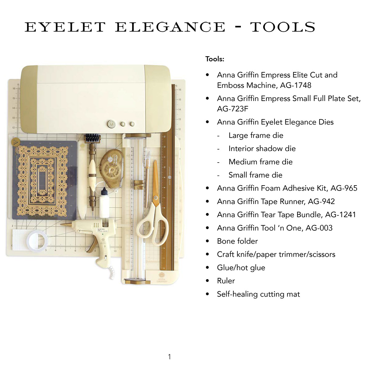 Displayed on the table is Anna Griffin’s crafting tools kit from the Create 10 Printed Instructions series, which includes a die-cut machine, scissors, glue gun, dies, tape runner, and ruler with detailed step-by-step instructions.