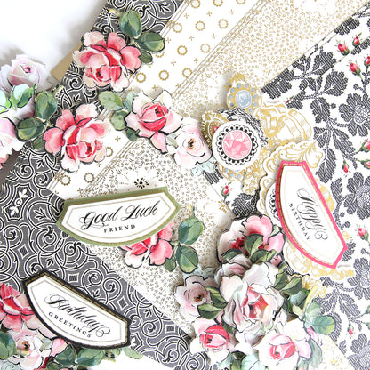 A set of elegant, floral-themed greeting cards featuring messages such as "Good Luck" and "Birthday Greetings," paired with the unique Stylish Hats Refill Kit.