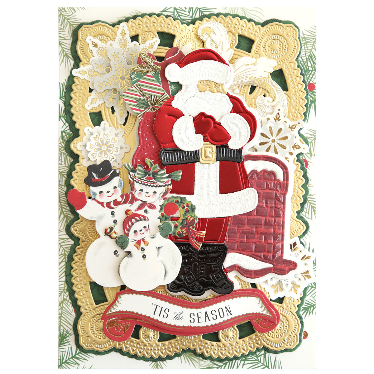 Festive holiday card featuring Mr. Claus 3D Dies, snowmen, and a message reading "Tis the Season," embellished with decorative snowflakes and a brick chimney rooftop background inspired by classic Christmas scenes.