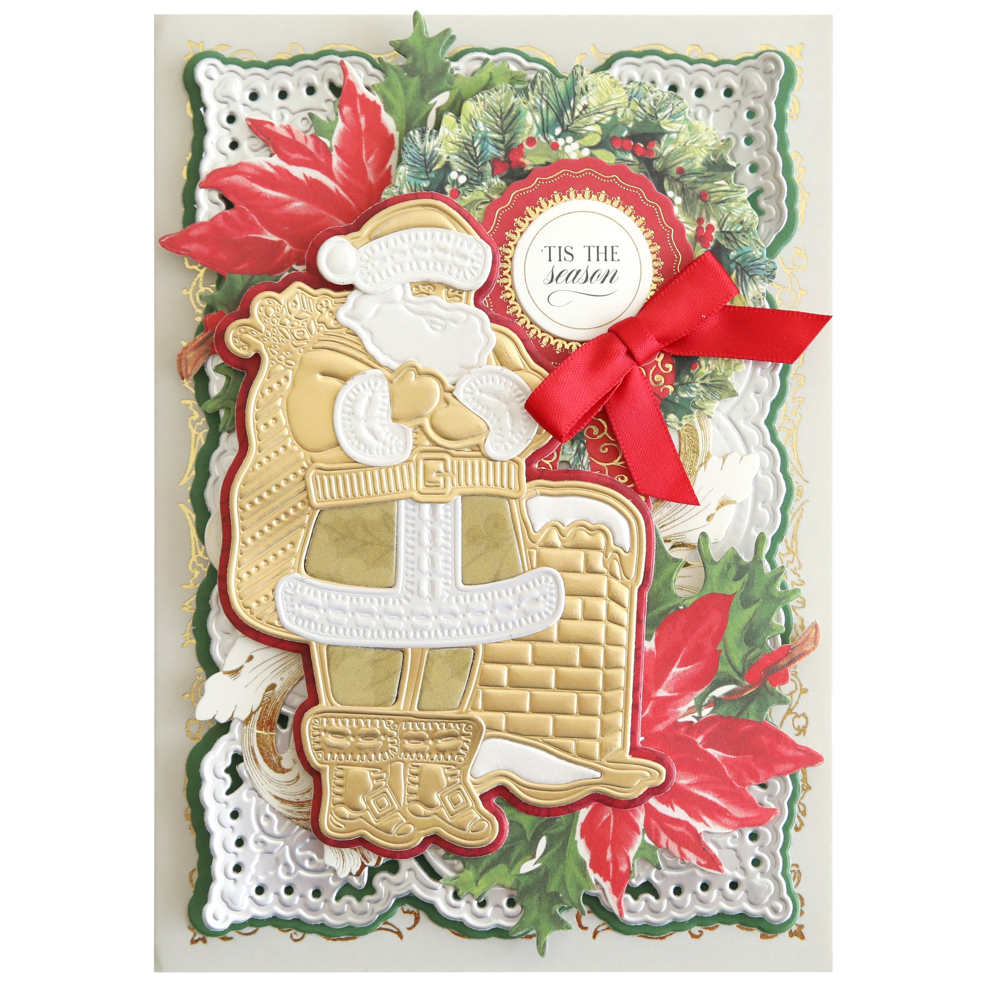 A holiday card featuring a detailed embossed gold and white Santa Claus with a red bow, surrounded by festive poinsettia and holly decorations, and a "Tis the Season" message. Perfect for fans of Mr. Claus 3D Dies, it captures classic Christmas scenes beautifully.