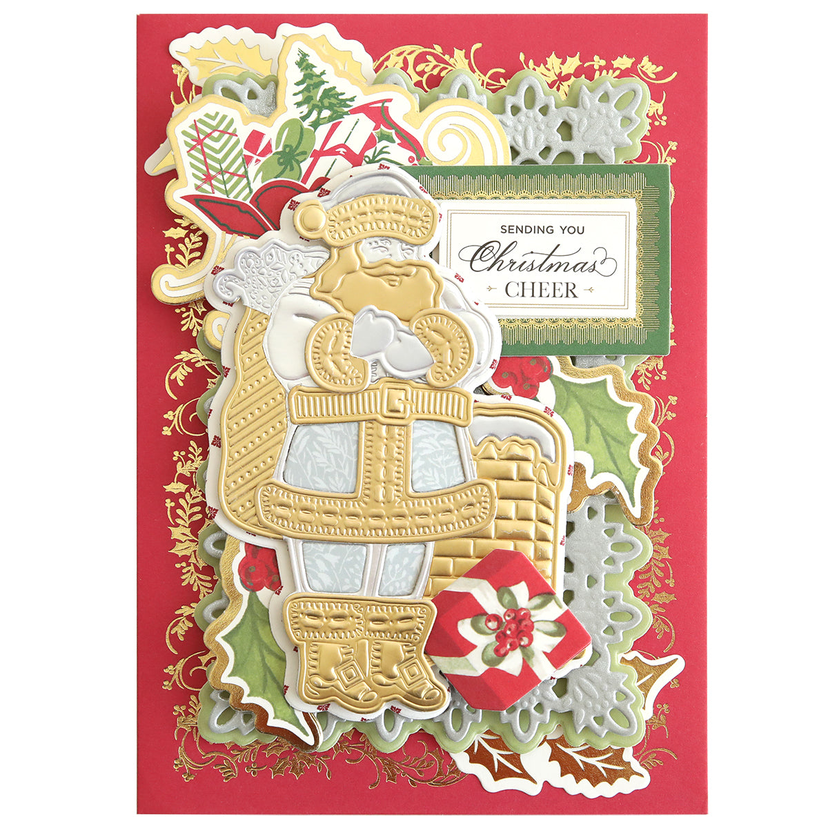 A festive Christmas card featuring a layered illustration of Mr. Claus 3D Dies in gold and white, surrounded by decorative holly and presents. The message reads "Sending you Christmas cheer," capturing classic Christmas scenes that warm the heart.