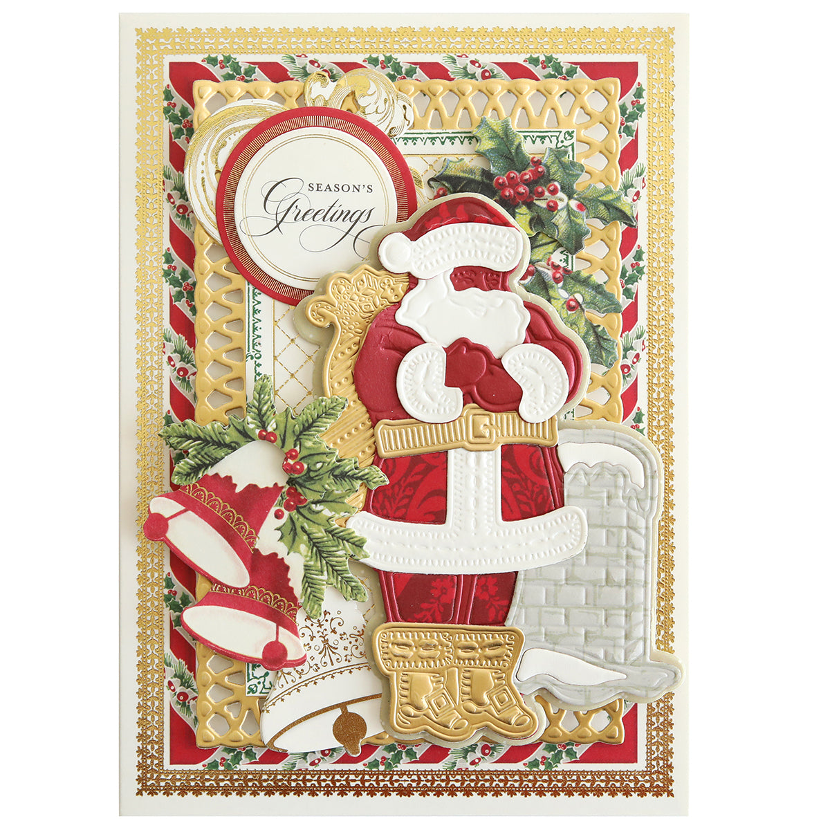 A festive holiday card featuring an embossed Santa Claus, decorative bells, holly, and a "Season's Greetings" message. The card includes gold accents, intricate patterns, and elements inspired by Mr. Claus 3D Dies to create enchanting Christmas scenes.