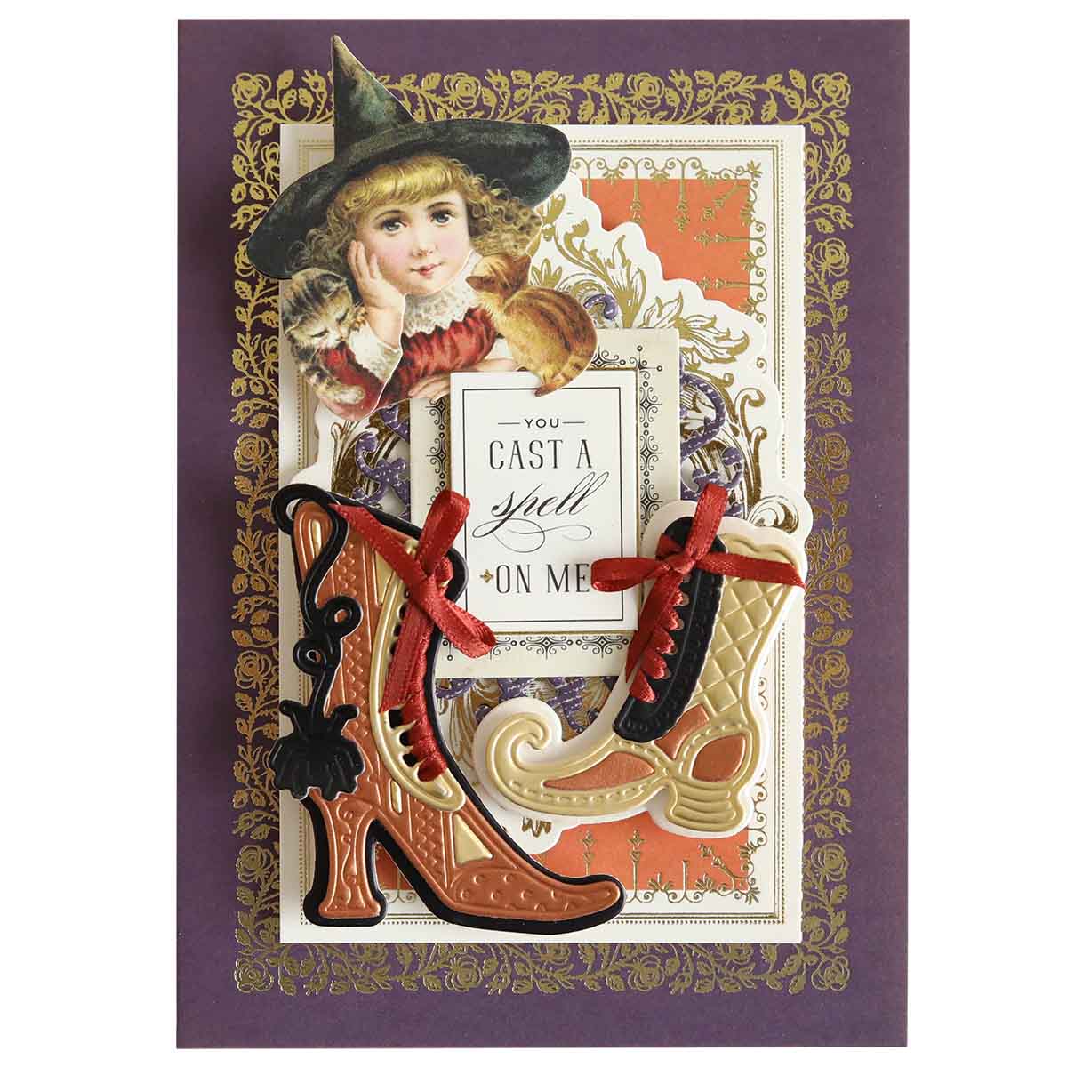 A captivating Halloween card, featuring a child in a witch hat and ornate boots from the Witchy Shoes 3D Dies collection, showcases the message, "You cast a spell on me." It's ideal for fashionista friends who love enchanting Halloween cards.