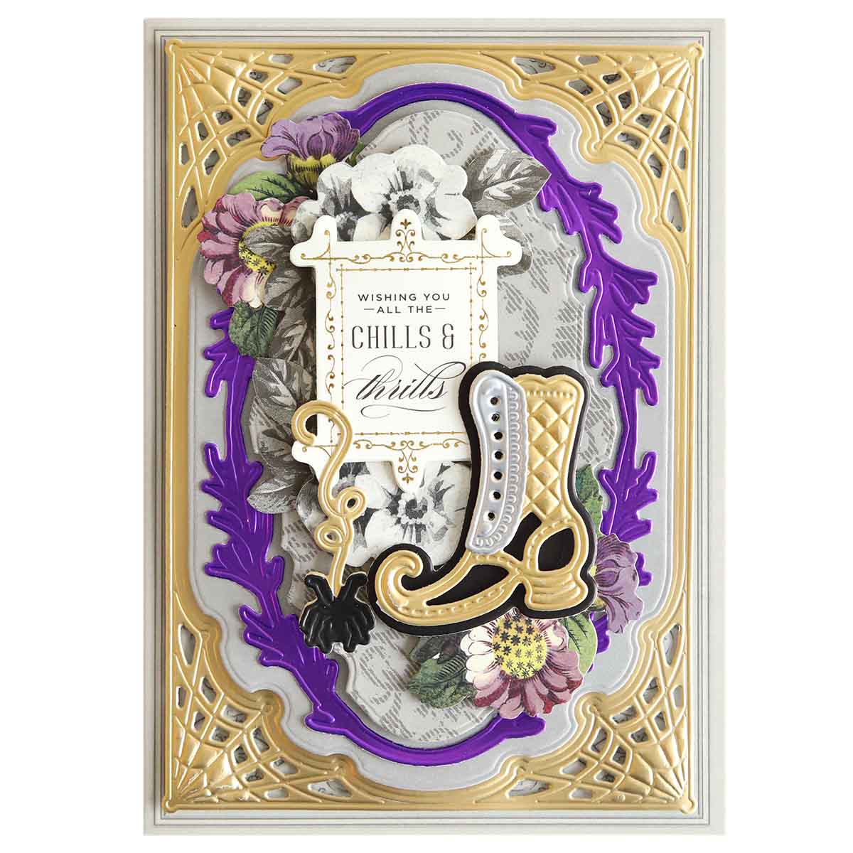 A decorative card called "Witchy Shoes 3D Dies" features a gold and purple frame, floral accents, and ice skates with the message "Wishing You All the Chills & Thrills." Perfect for Halloween cards or to delight your fashionista friends.