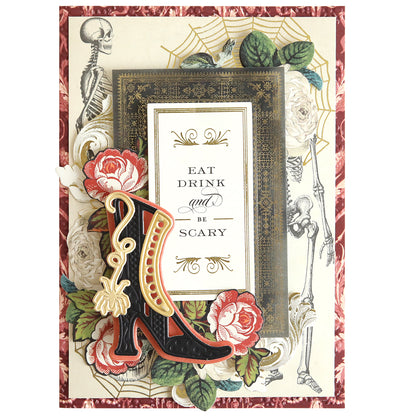 A decorative Halloween card features floral designs, skeleton illustrations, and a vintage-styled sign reading "EAT, DRINK, and BE SCARY." An ornate boot illustration crafted with the Witchy Shoes 3D Dies is also present – perfect for sending to your fashionista friends.