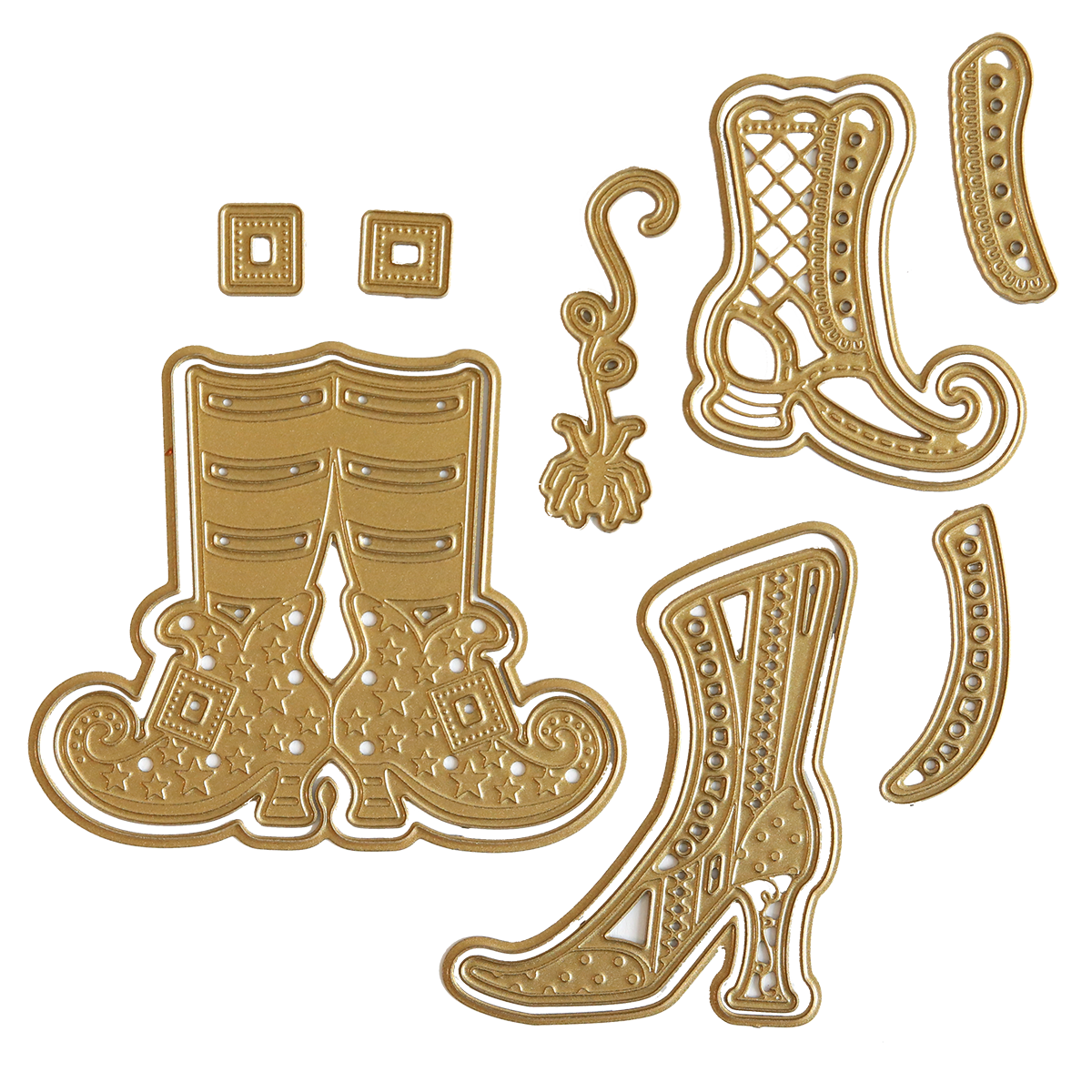 Enhance your Halloween cards with Witchy Shoes 3D Dies—gold-colored metal die cuts shaped like Victorian-style boots and accessories. These festive dies are perfect for crafting and decorating, making them an ideal choice for your fashionista friends' creative projects.