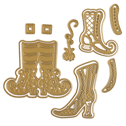 Enhance your Halloween cards with Witchy Shoes 3D Dies—gold-colored metal die cuts shaped like Victorian-style boots and accessories. These festive dies are perfect for crafting and decorating, making them an ideal choice for your fashionista friends' creative projects.