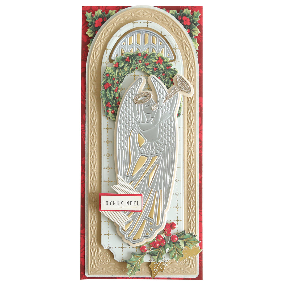 A Christmas card featuring an embossed angel with trumpets, a wreath in the background, and holly decorations, designed with the Angelic 3D Slimline Dies. The card includes the text "Joyeux Noel" and is perfect for spiritual holiday projects.