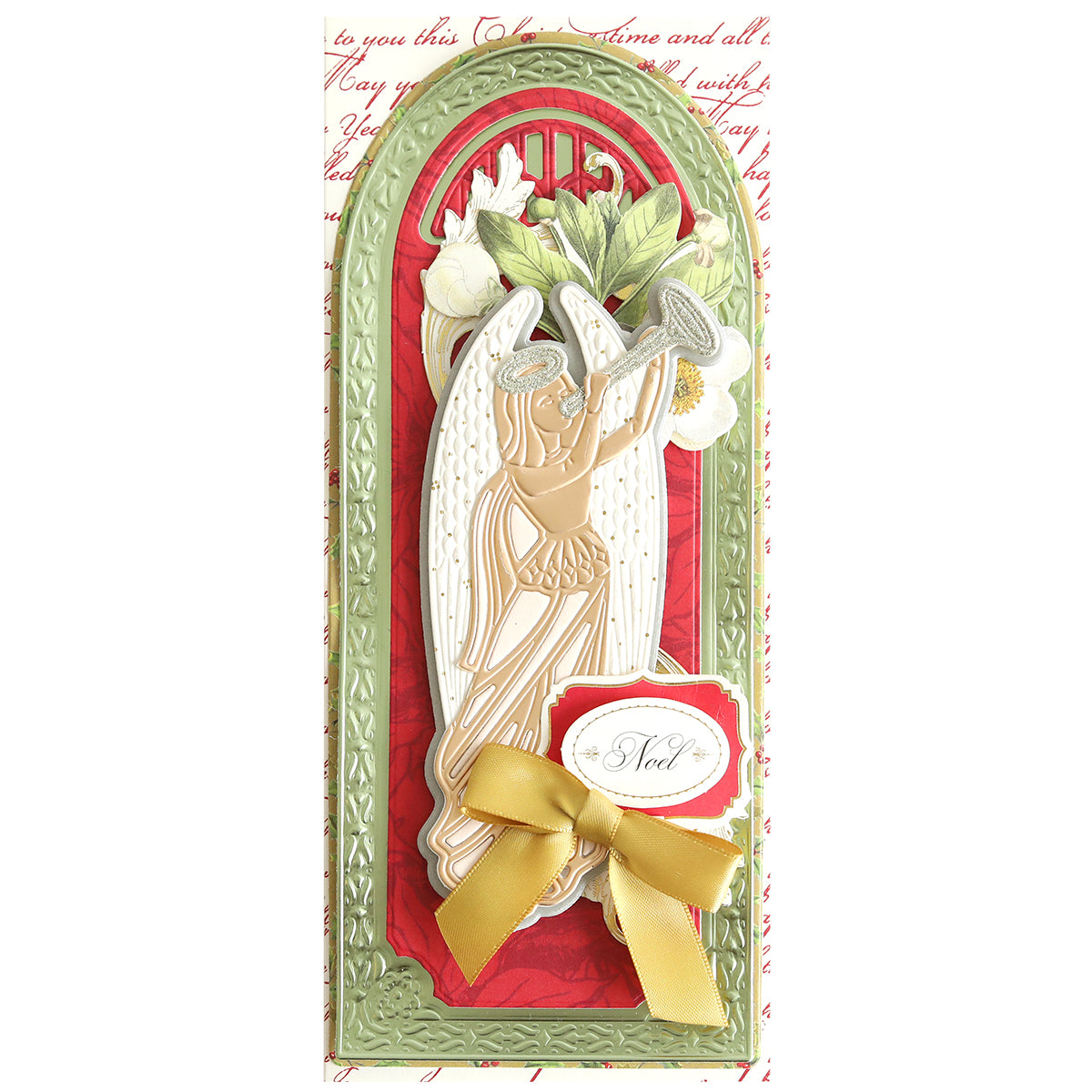 A decorated Christmas card with an angel blowing a trumpet, red background, green border, and a gold bow. Crafted using the Angelic 3D Slimline Dies, the card displays the word "Noel" written in cursive on a small tag. Perfect for spiritual holiday projects.